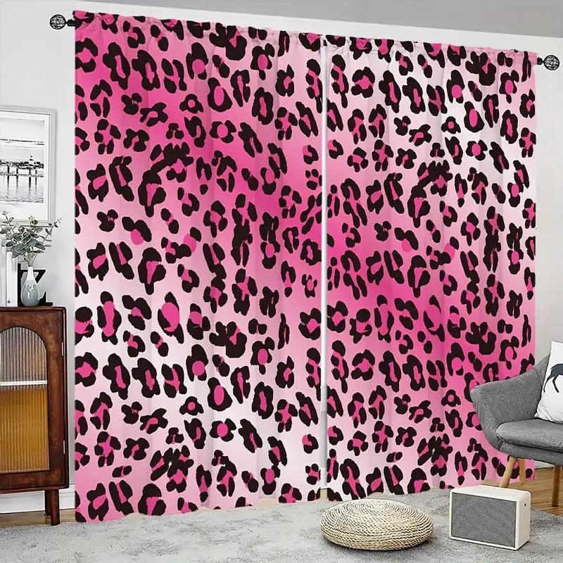 2PCS pink leopard print curtains with pole bag design   protecting privacy and suitable for various decorative scenes