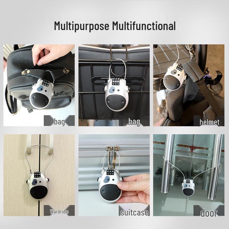 Anti-theft Cartoon Cow Combination Lock - Portable Motorcycle & Mountain Bike Helmet Retractable Steel Wire Lock