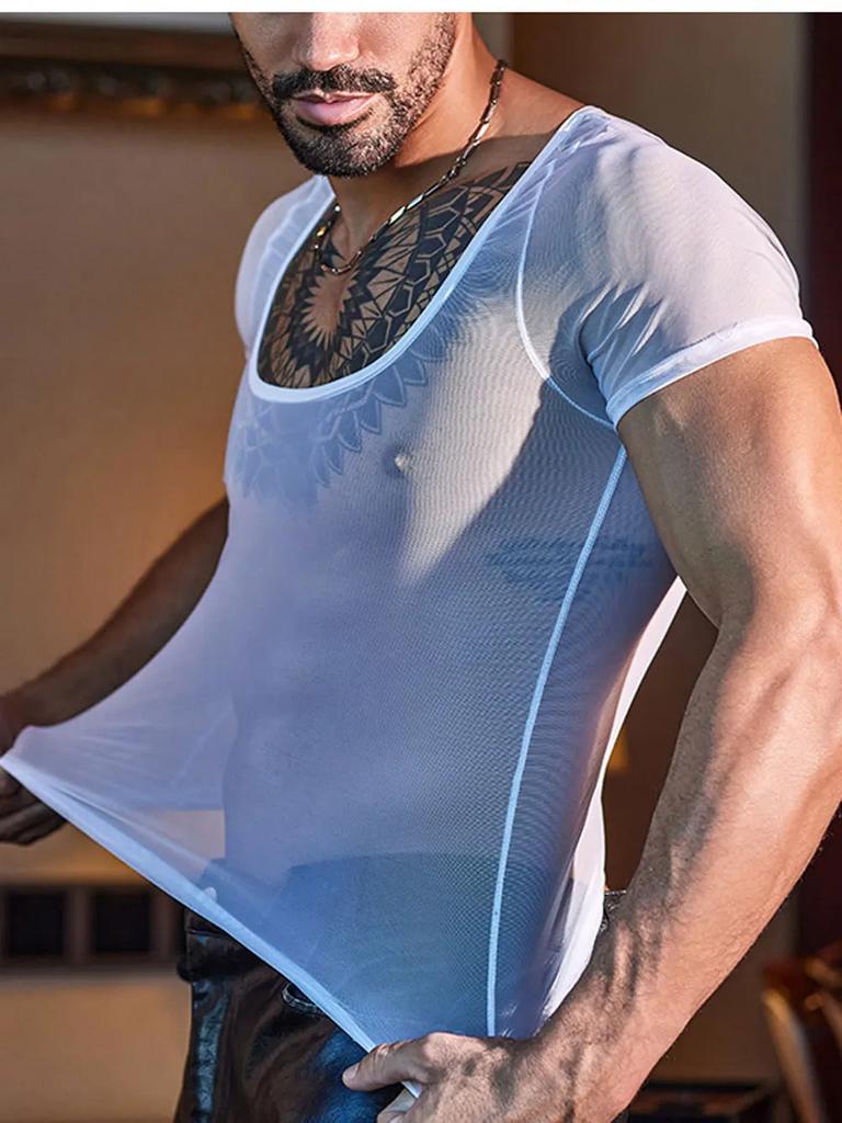 Men Short Sleeve T-Shirts Sexy Mesh See Through Man Clothing Shaper Wear Breathable High Elastic T-Shirts Exotic Night Club Tops