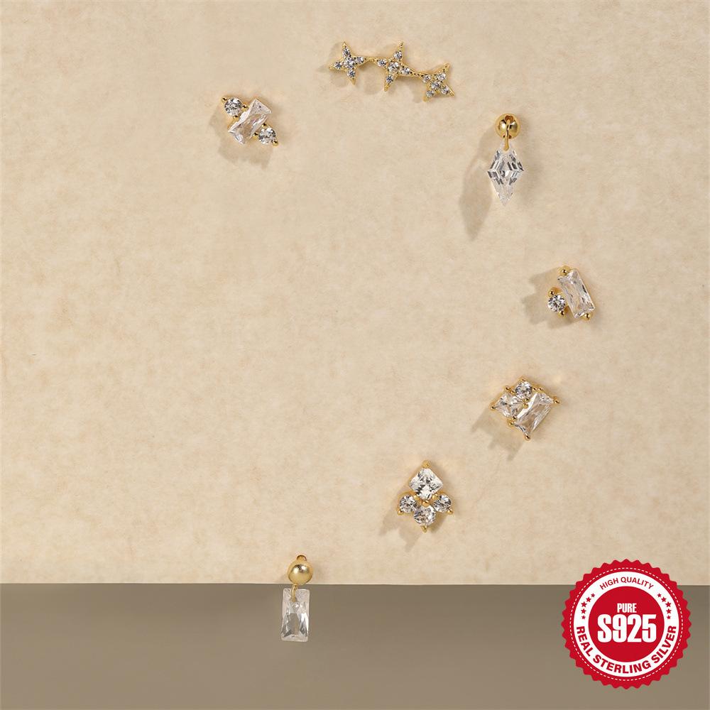 S925 Sterling Silver Red Earrings Square Gravel Popping Stud Earrings Exquisite Versatile Twist Ball Ball Puncture Earbone Stud