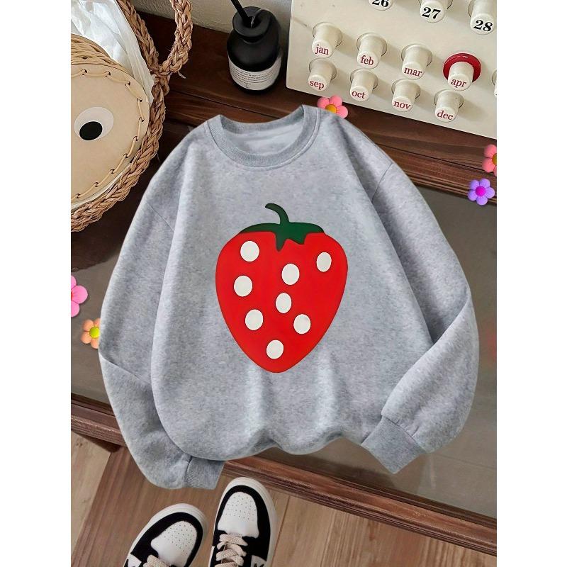 Kids Crewneck Sweatshirt, Cute Strawberry Print Long Sleeve Pullover, Autumn Winter Casual Tops