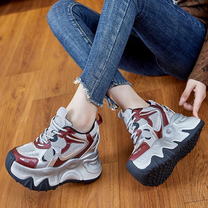 Fashion 12cm Air Mesh Microfiber Synthetic Chunky Sneakers Spring Shoes Leather Ankle Booties Women Vulcanize Boots Autumn