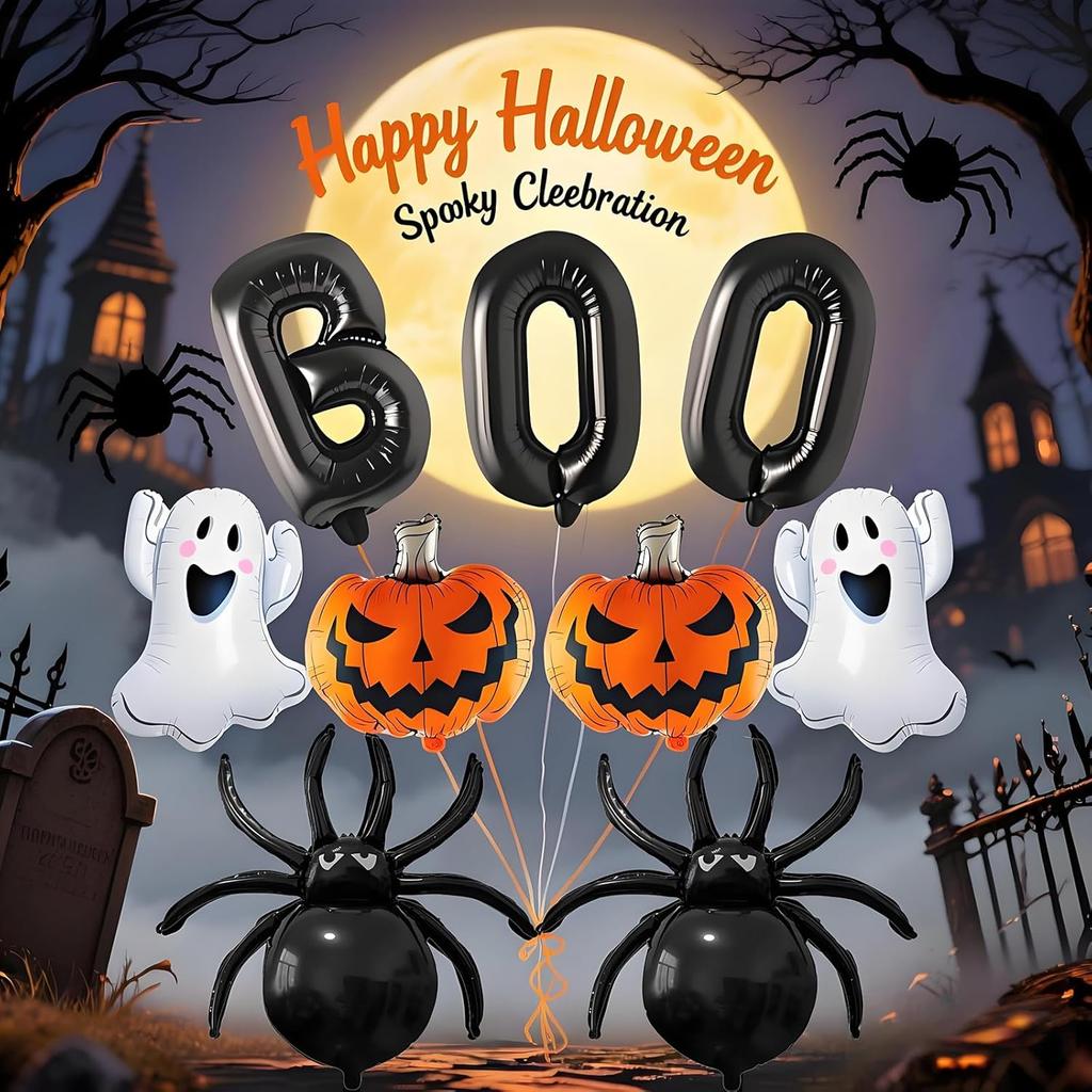 9pcs Halloween Decoration Balloons Foil Pumpkin Ghost Black BOO Spider Balloon Halloween Party Spooky Theme Fun Decor Supplies