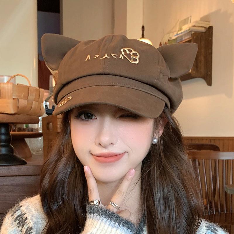 Korean Retro Cat Ear Octagonal Beret For Women Autumn And Winter Brushed And Warm
