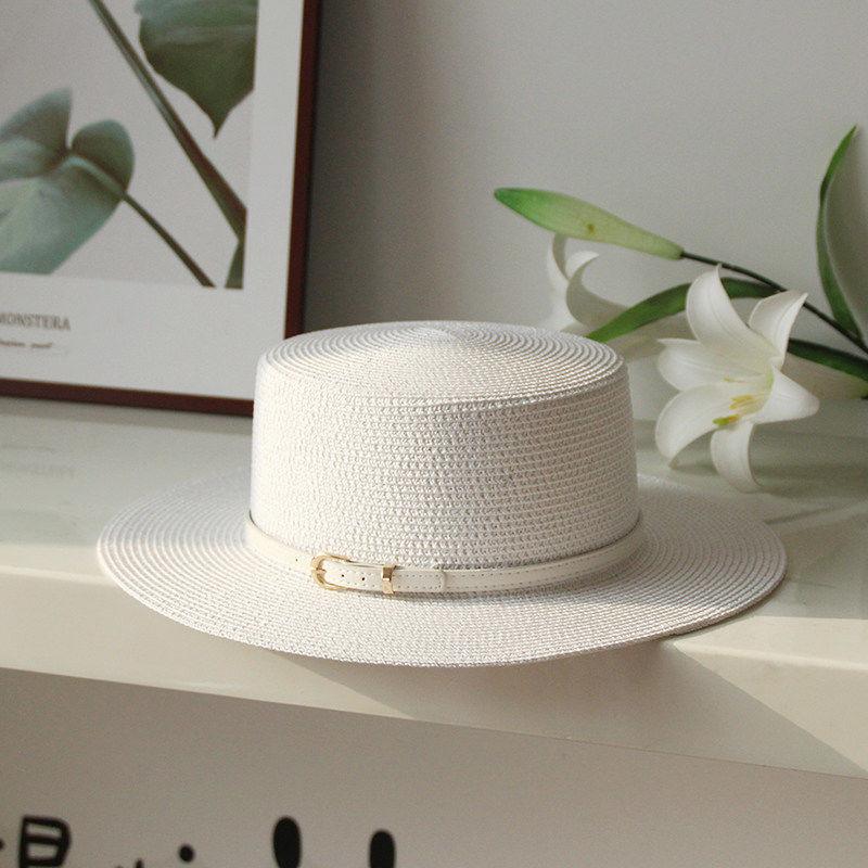 Flat Top Straw Hat Women's Summer Simple British Sun Hat Versatile Fashion Trendy Eaves Casual Top Hat