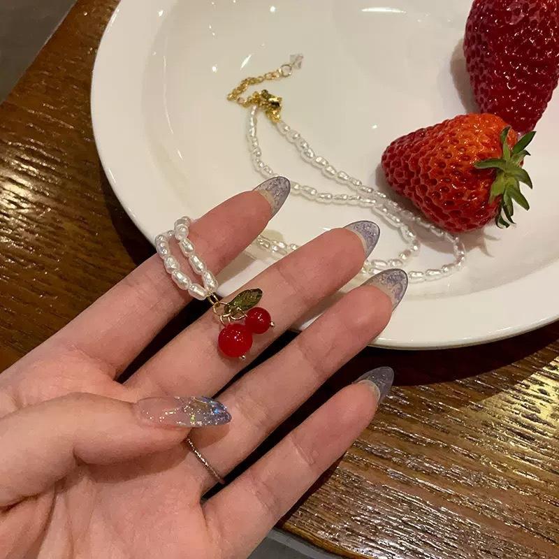 

Pearl Cherry Pendant Necklace Women s Summer Light Luxury Niche Temperament Beaded Neck Chain Accessories Sweet Cool Premium Clavicle Chain