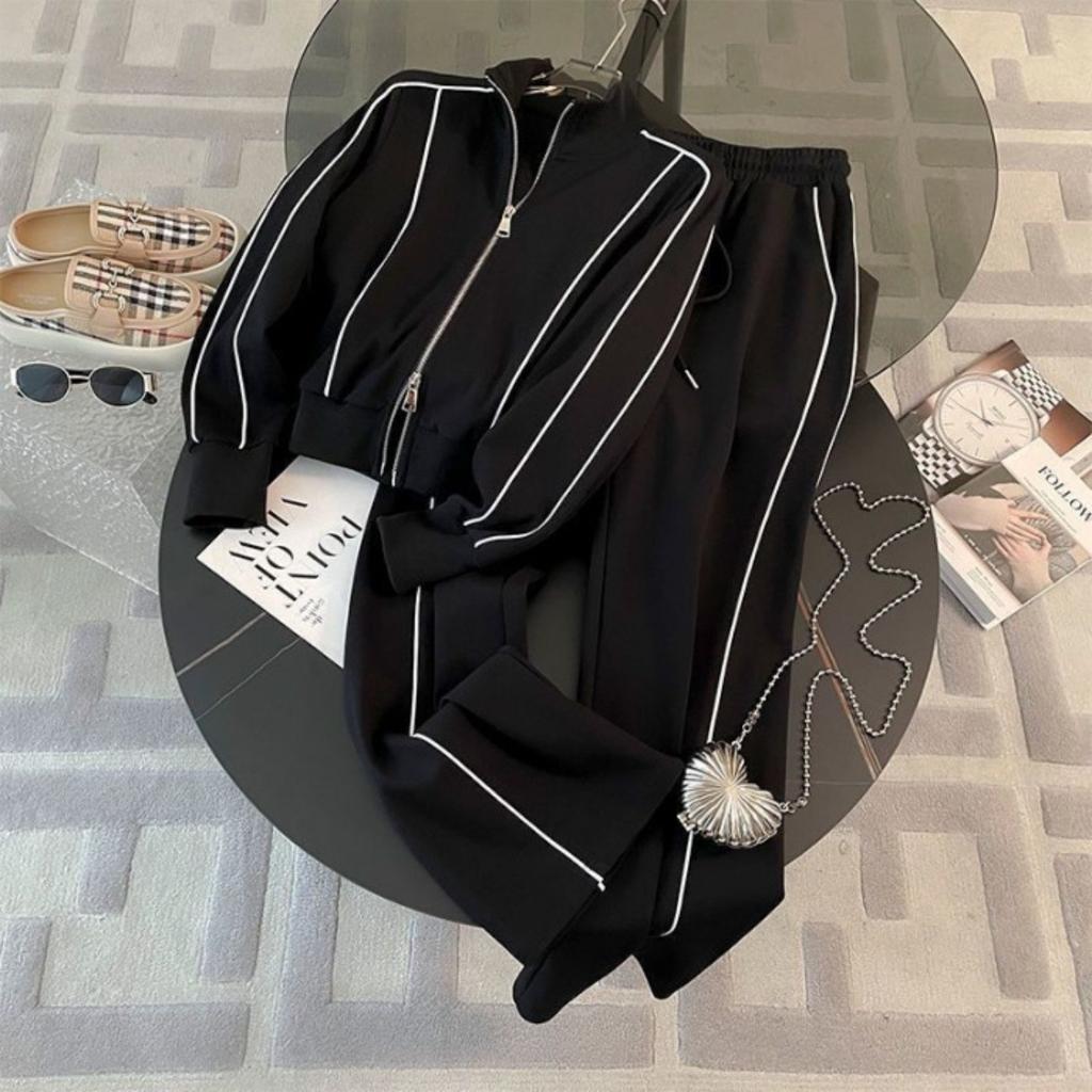 Costum Sport, Costum Damă, Costum Casual, Hanorac cu Fermoar, Pantaloni cu Picior Larg, Set din Două Piese