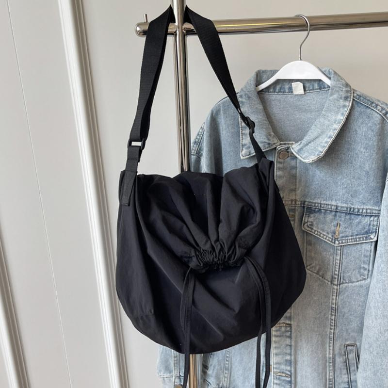 Women Drawstring Shoulder Bag Solid Drawstring Sling Bag Adjustable Strap Lightweight Shopping Bag Girls Outdoor