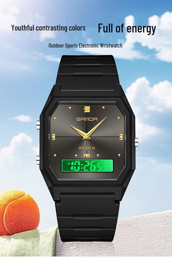 Sanda TEMU Men's Sports Watch: Hot-Selling, Waterproof, Luminous, Thin Square Design, Dual Display, Three Time Zones.