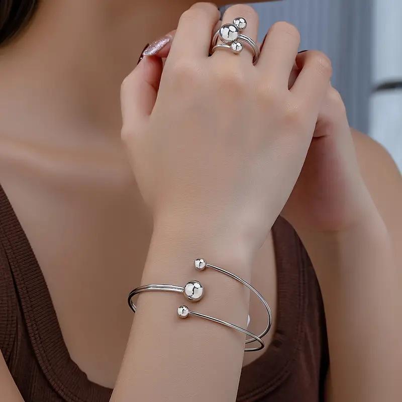 Gold and Silver Small Ball Clip Large Ball Level Bracelet Ring Set Women's Simple Fashion Personalized Wrist Finger Jewelry