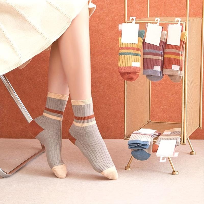 5 Paar bunte gestreifte Socken, lässige, bequeme und warme mittellange Socken, geeignet für Herbst und Winter