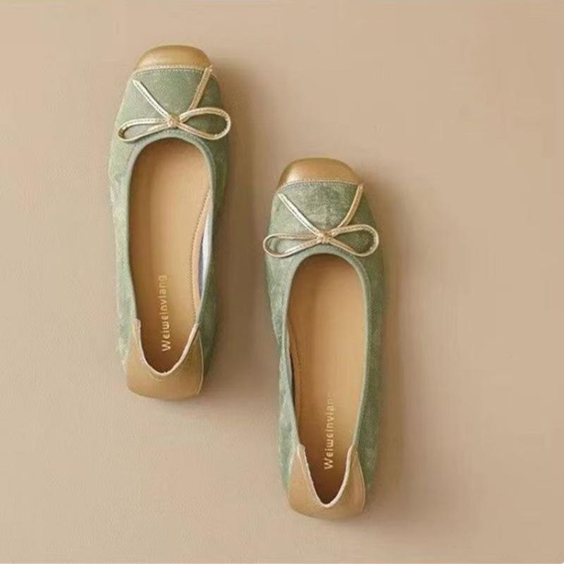 Xiaoxiangfengba French Mary Jane PU Bow One Pedal Light Mouth Muffin Bottom Low Heel Round Head Low Top Shoes Rubber