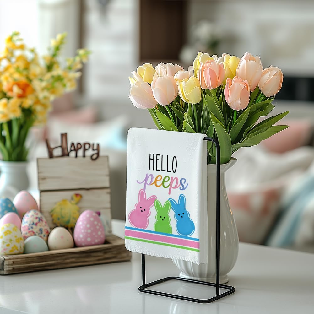 Colorful Bunny Happy Easter Kitchen Towels Set of 2,Hello Peeps Rabbits Dish Hand Towels Farmhouse Indoor Outdoor Holiday Seasonal Decorations DD079