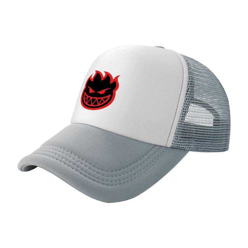 Flame Demon Logo Mesh Baseball Cap Breathable Trucker Hat White Black Design Sporty Style Outdoor Wear Adjustable Fit
