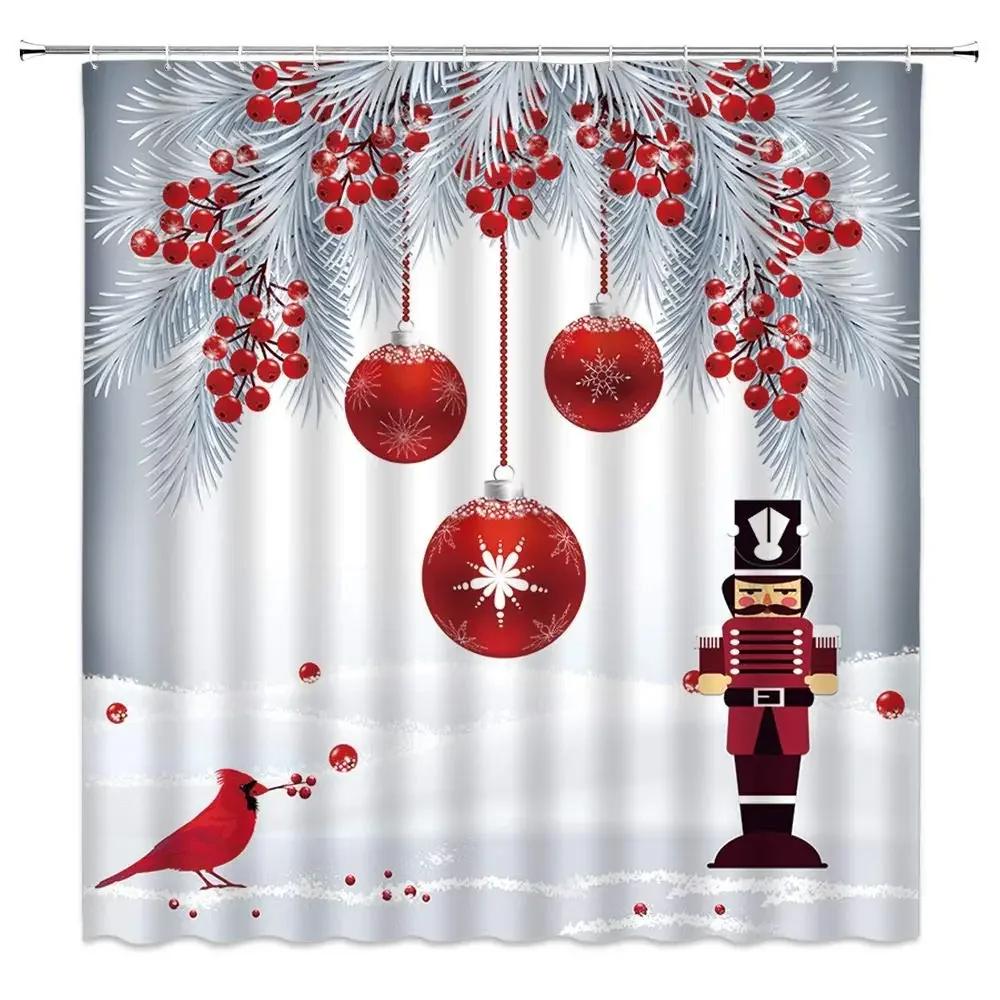 Christmas Nutcracker Shower Curtain, Christmas Tree Snowman Bathroom Curtain Decoration Set With Hook Fabric Christmas Gift