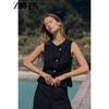Zaprha 2025 Summer New Asymmetric Design Button Linen Double Cardigan Vest Top 2730722