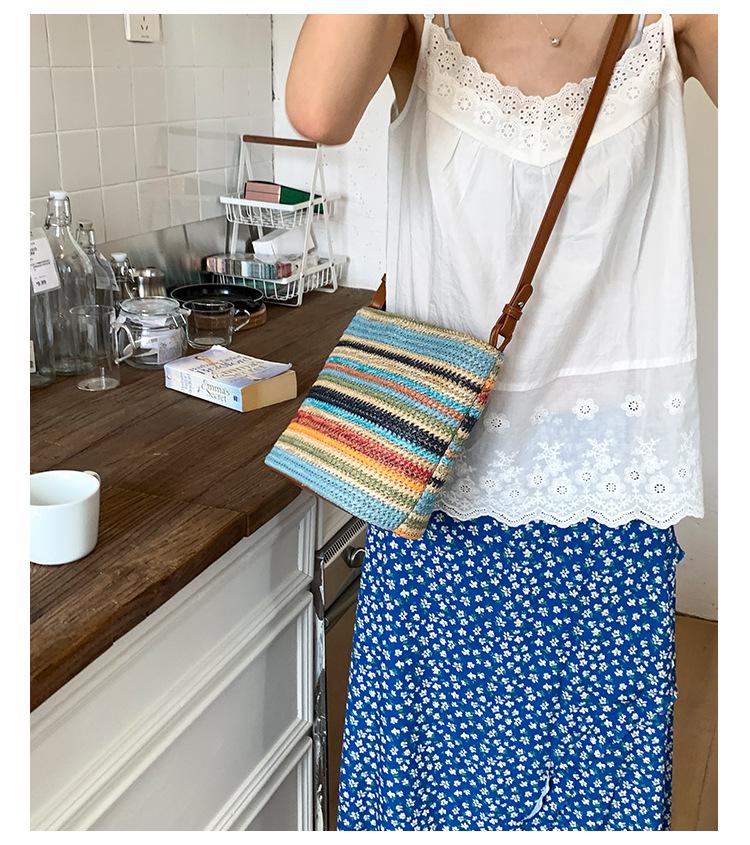 Autumn & Winter 2025 Rainbow Striped Straw Braided Shoulder Bag - Minimalist Women's Beach Bucket Bag