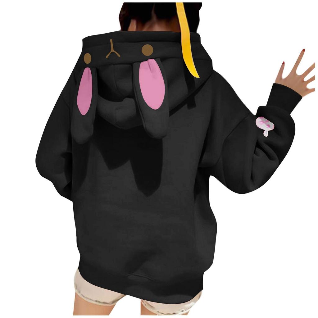 Women's Casual Fashion Embroidered Cute Rabbit Ear Dinosaur Print Pocket Hooded Sweatshirt