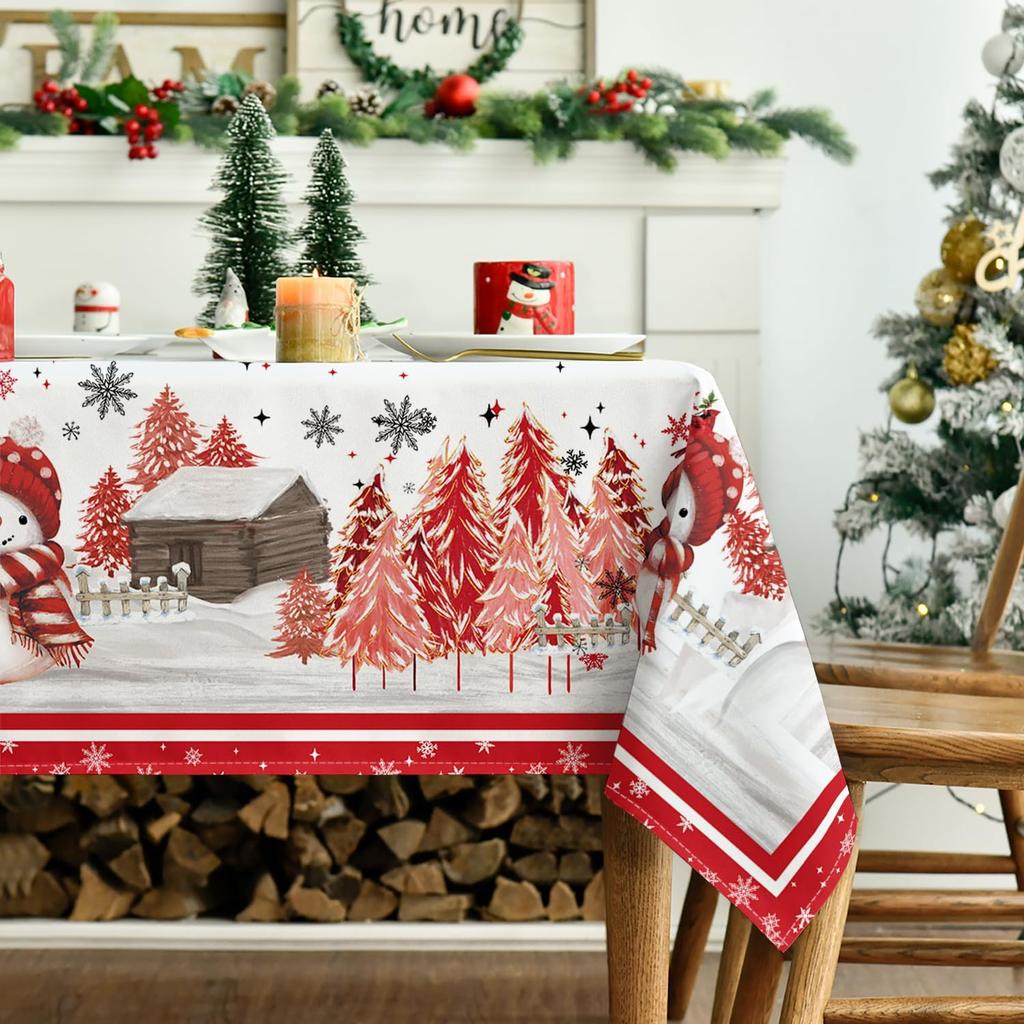 Merry Christmas Tree Snowman Print Tablecloth For Table Decor Winter Snowflakes Kitchen Dining Table Cloth Christmas Decorations