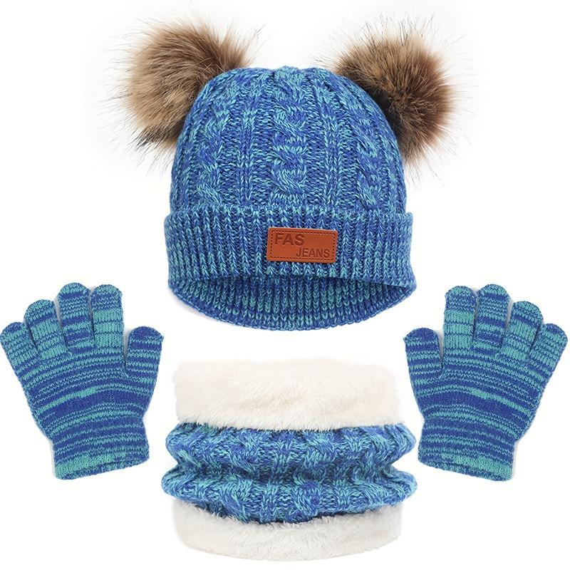 3Pcs/Set  Kids Winter Beanie Hat Scarf Gloves Warm Suit For Children 1-8 Years Old Girls Boy Warm Double Pompoms Knited Cap