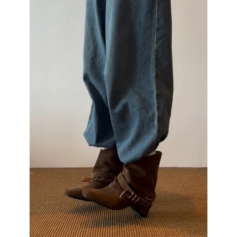 Cowhide version~ inner height increase metal belt buckle western boots retro suede square head niche high-end handsome short boots