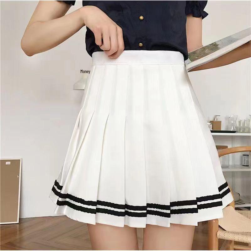 Striped Extra Long Safety Shorts Pleated Skirt - JK Uniform Half Body Skirt for Spring and Summer