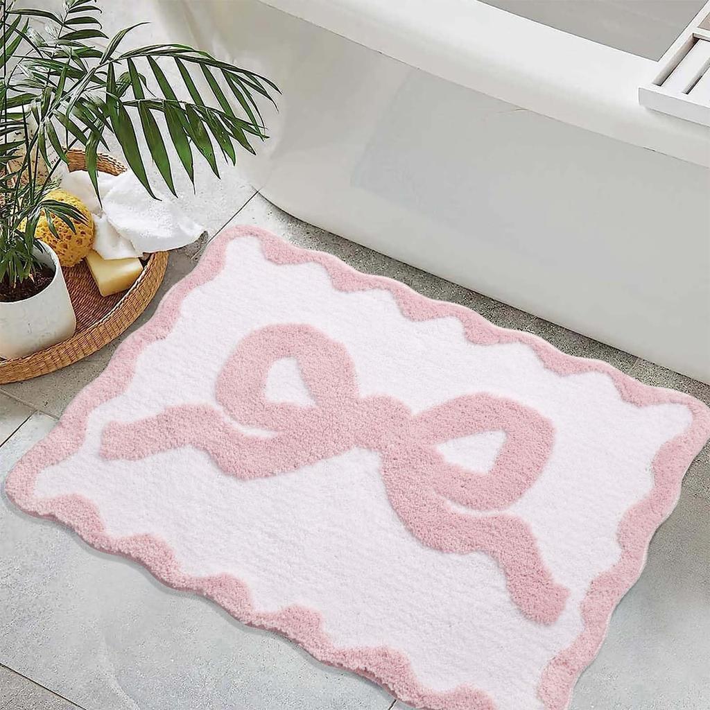 1pcs Pink Bow Bath Mat for Bathroom  Cute Preppy Rugs with Scalloped Edges, Soft Microfiber, Ultra Absorbent, Non-Slip