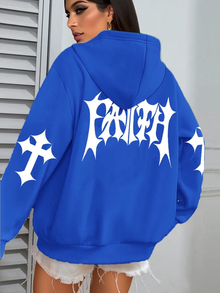 Kreatives Glaubenskunst Briefdruck Kapuzenpullover Damen Hip Hop Herbst Kapuzenpullover Tasche Fleece Kleidung Y2K All-Match Lässiger Damen Kapuzenpullover