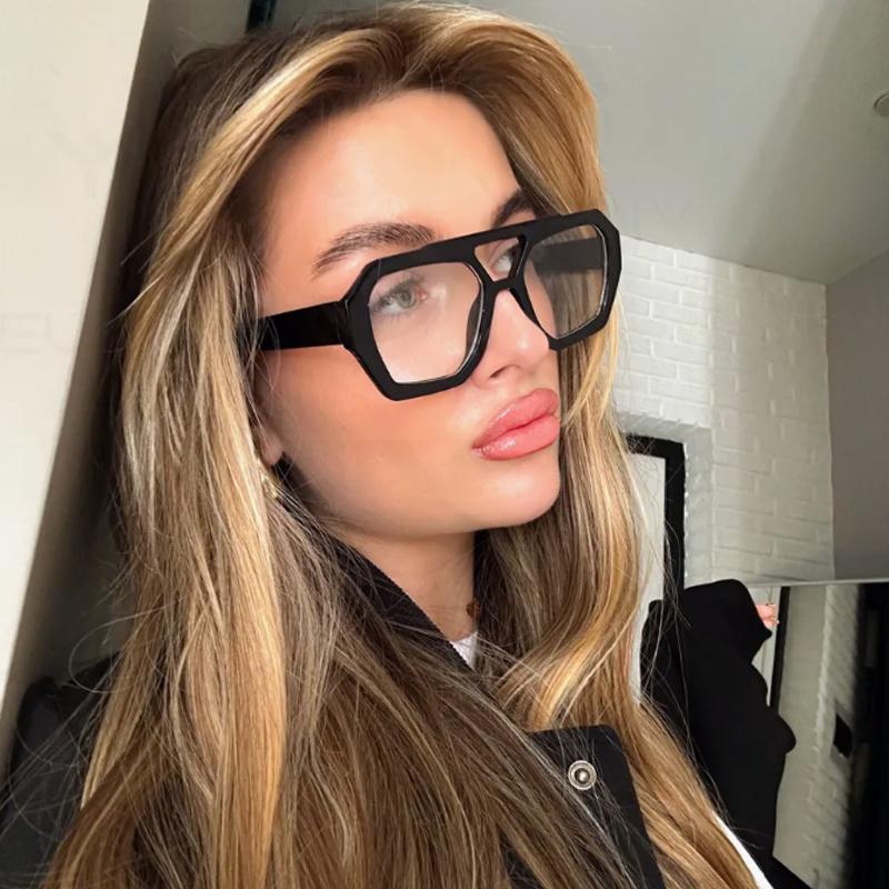 Protective Glasses 2pcs Fashion Large Polygon Sunglasses Women Double Bridges Design Eyewear Female Cler Lens Sun Glasses UV400