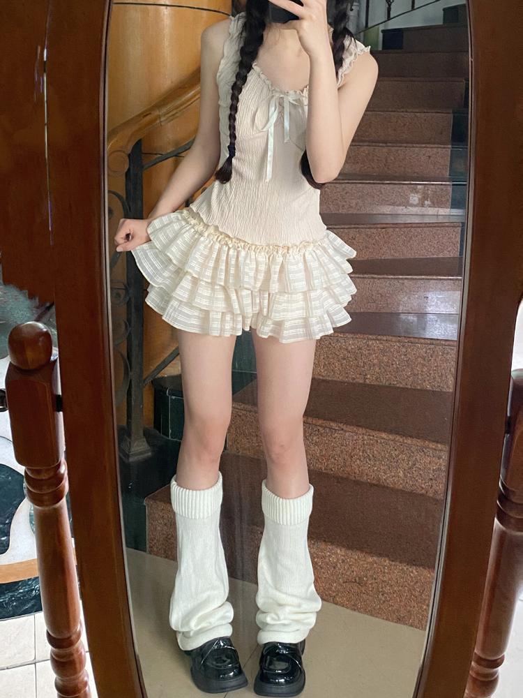 Kawaii Lolita Skjørt Shorts Kvinner Ruffle Patchwork Lagdelt Høy Midje Y2k Balletcore Miniskjørt Sommerfest Klubb