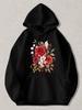 Black Pullover Hoodie with Vintage Red Rose Floral Print Long Sleeve Sweatshirt with Kangaroo Pocket Casual Streetwear Top for Men