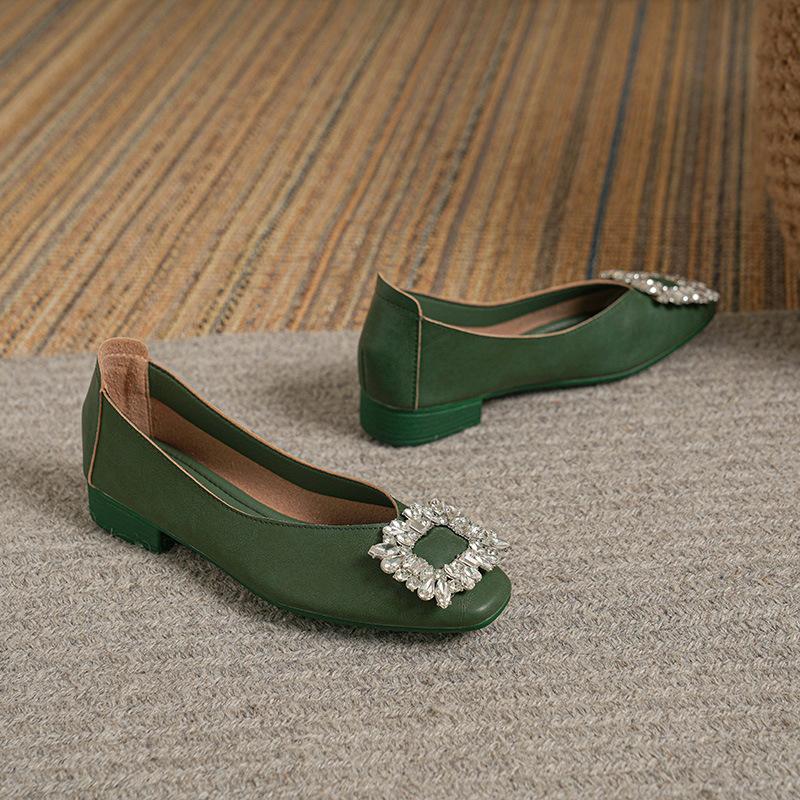 Fairy Feng Shui Diamond Buckle Flat-soled Single Shoes Women's 2025 New Shallow Mouth Square Head Comfortable Versatile Soft Sole Doudou Shoes