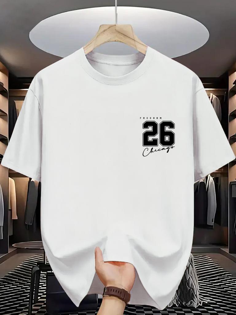 Unisex Cotton Tee Chest 26 Chicago Letter Number Graphic Print Loose Breathable Summer Crew Neck Casual T Shirt Unisex Daily Wear
