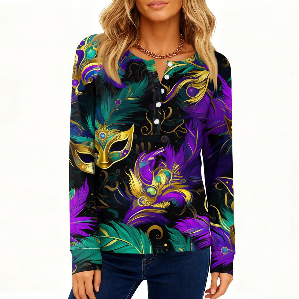 Women's Fashionable Loose Long Sleeved Carnival Printed Casual Top