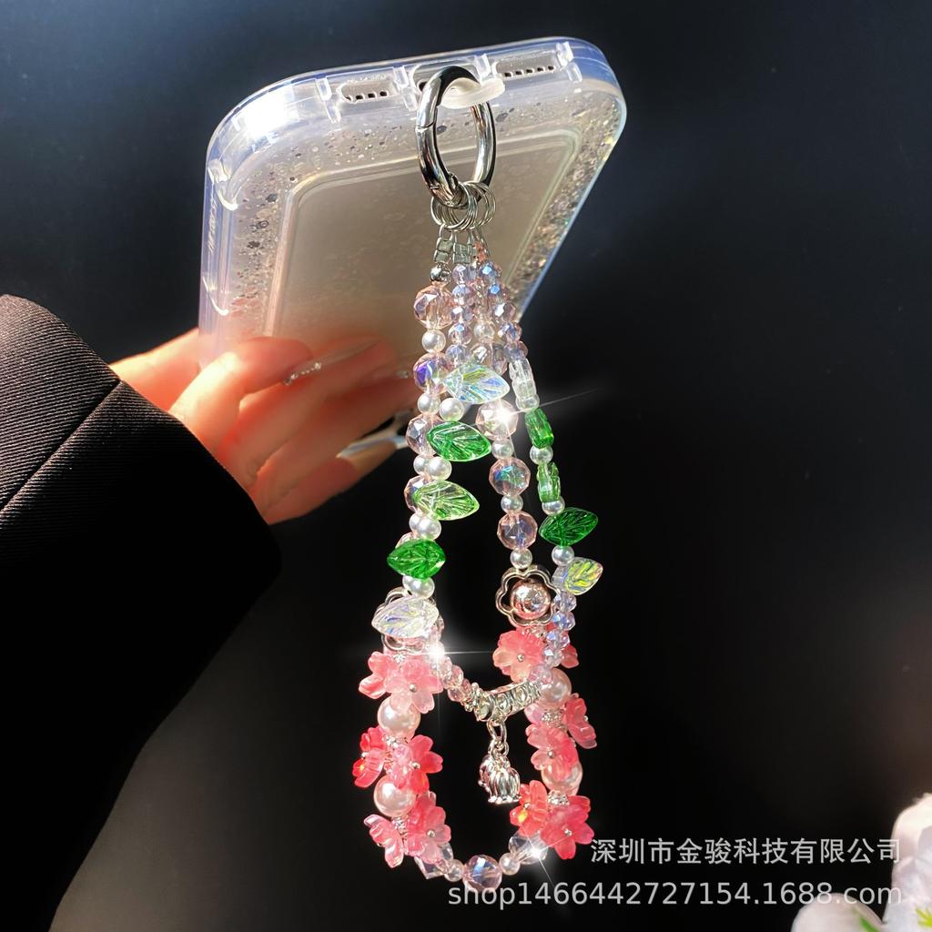 Phone Case Hanging Chain Niche Flower Green Leaf Phone Chain New DIY Chain Car Key Chain Rope Bag Hanging Decoration
