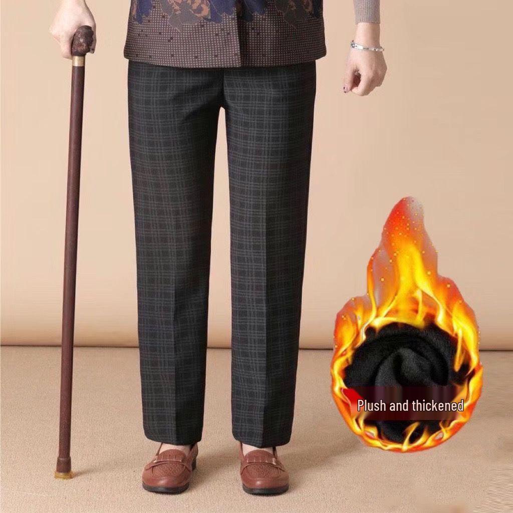 Mom's Fleece-Lined High Waist Warm Pants for Elderly – Loose Fit, Straight Leg Trousers for Spring & Autumn