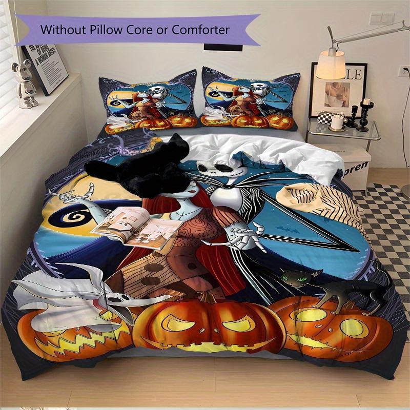 3pcs Halloween Jack And Sally Bedding Set Includes 1 Quilt Cover and 2 Pillowcases, Comfortable Bedding F038