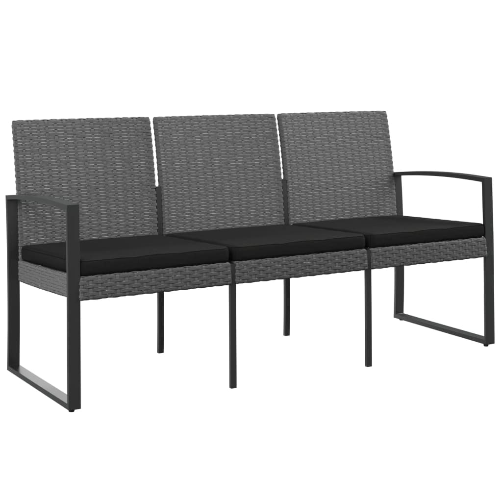 3 Seater Garden Bench with Cushions Dark Grey PP Rattan
