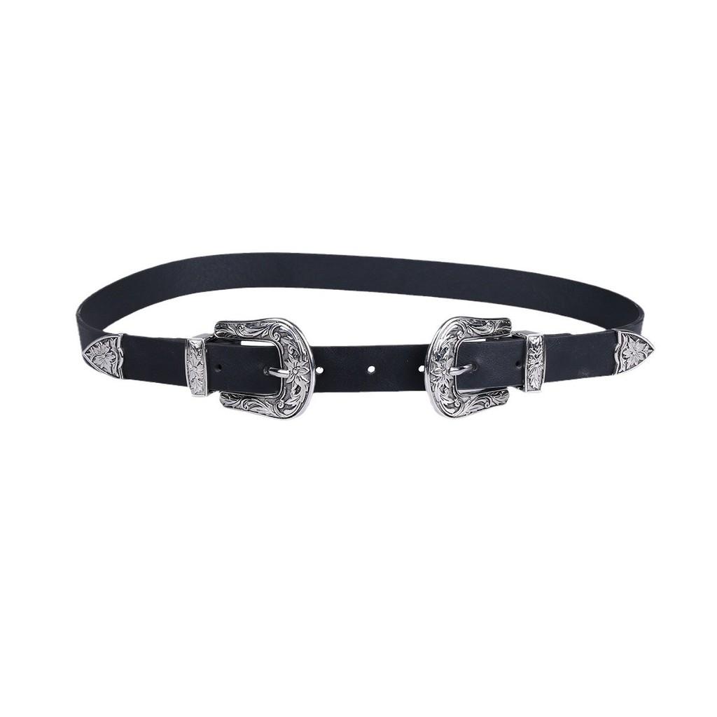 Button Double Women Faux Leather Belt With Floral Decor For Office Wears Casual