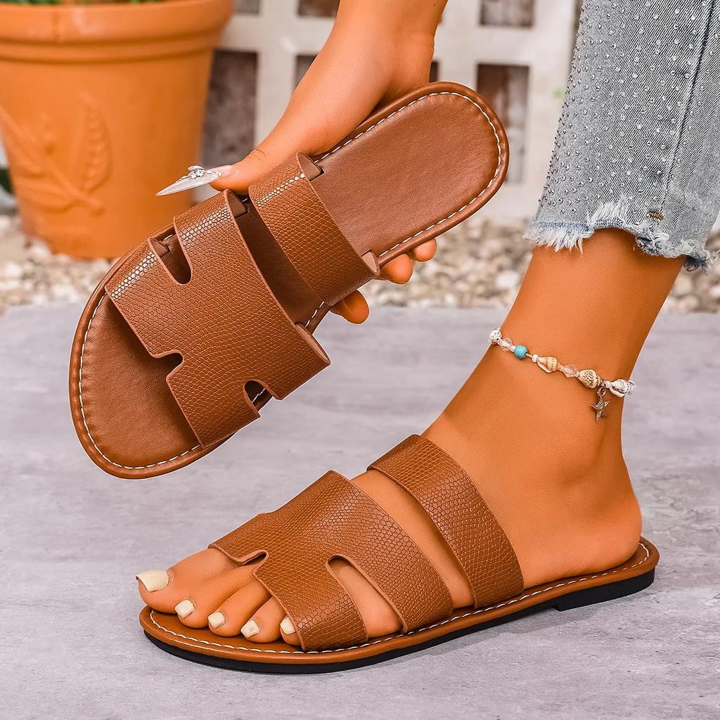 Fashion Summer Women Flat Slippers Fashion Solid Color Sandals Open Toe Outdoor Slippers Casual Beach Women Shoes Plus Size Slides Women