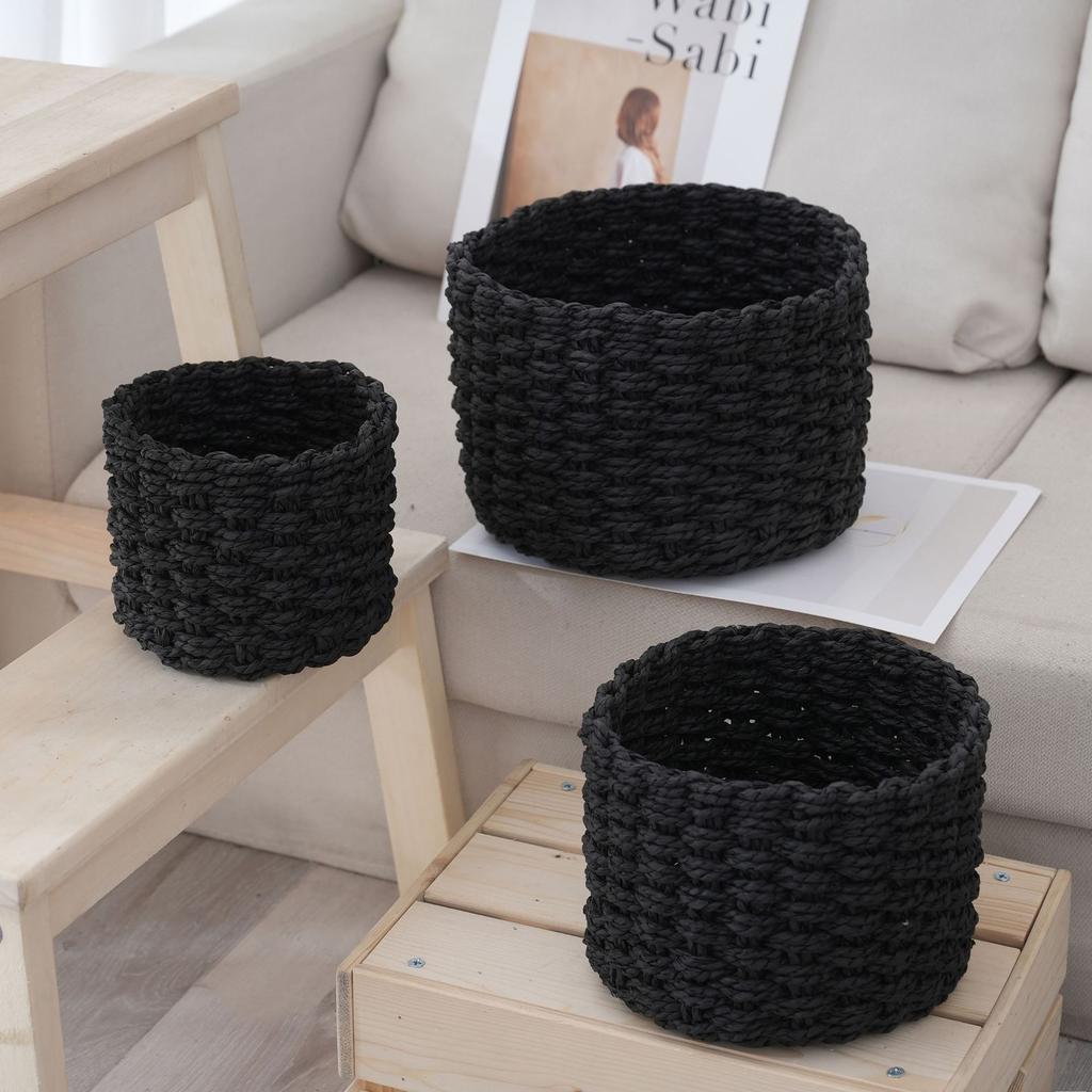 3pcs Set Cylindrical Paper Rope Woven Storage Baskets for Various Storage and Organization Scenarios Desk Cosmetic Organization