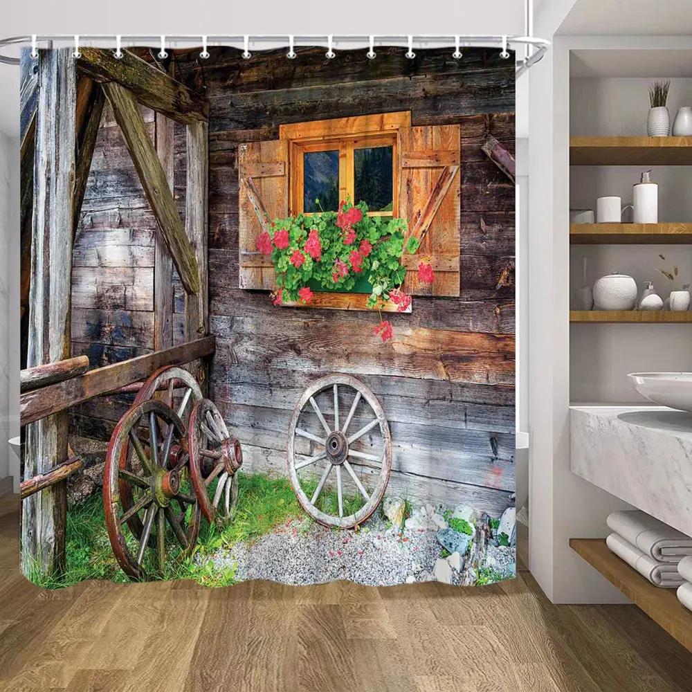Retro Holz Türen Duschvorhang Set Rustikal Alt Vintage Scheunentor Stoff Badezimmervorhänge Bauernhaus Baddeko Badwände Haken