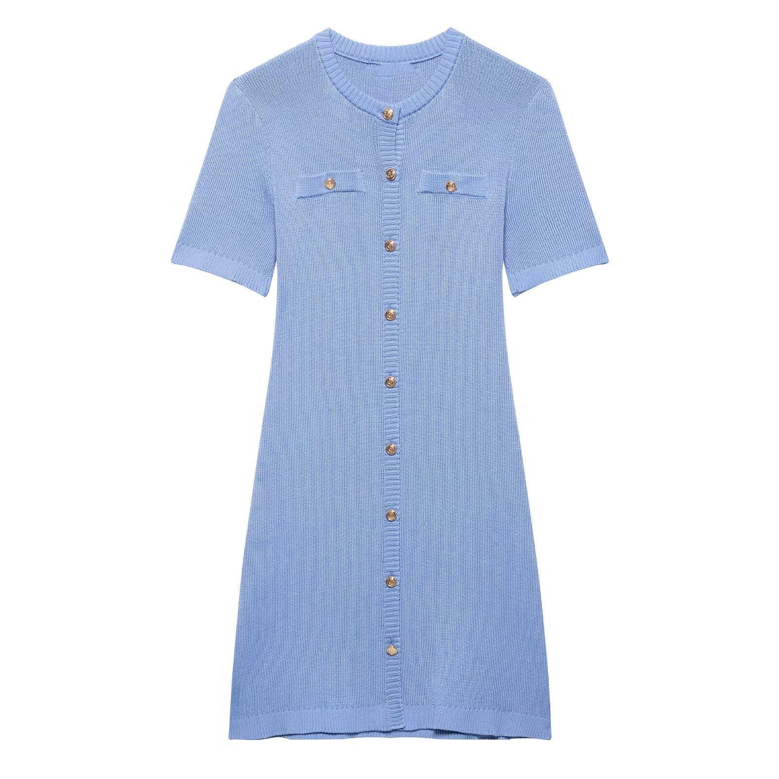 

2025 Spring/Summer Women s Slim Fit Versatile Knitted Dress with Round Neck and Short Sleeves Small