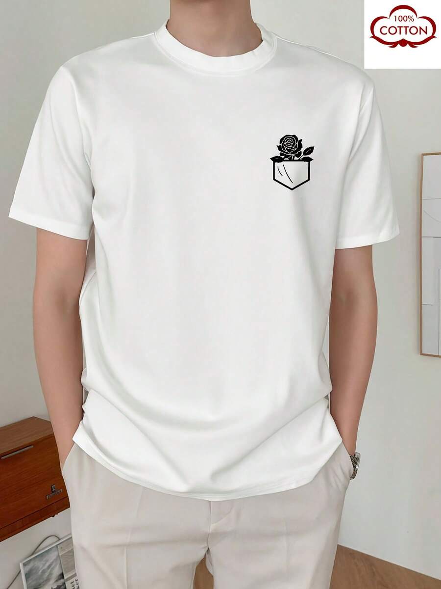 

Unisex T-Shirt Top [Si Ji Dou] Short Sleeve Pocket Rose Print S