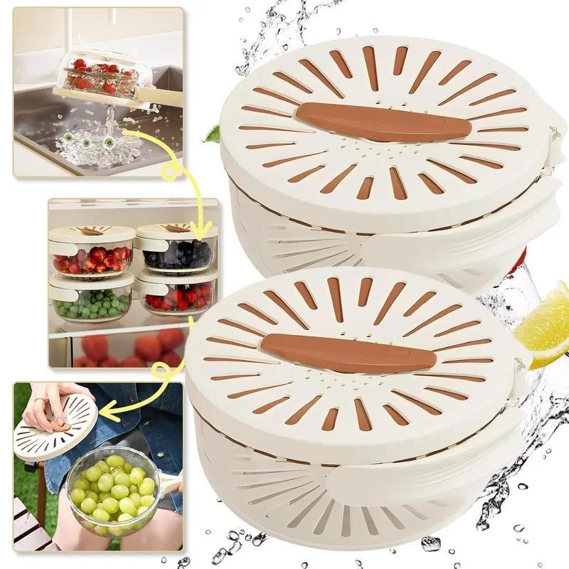 Multifunctional Drain Basket with Lid Dehydrator with Foldable Handle Fruit Crisper Drain Bowl for Kitchen and Refrigerator