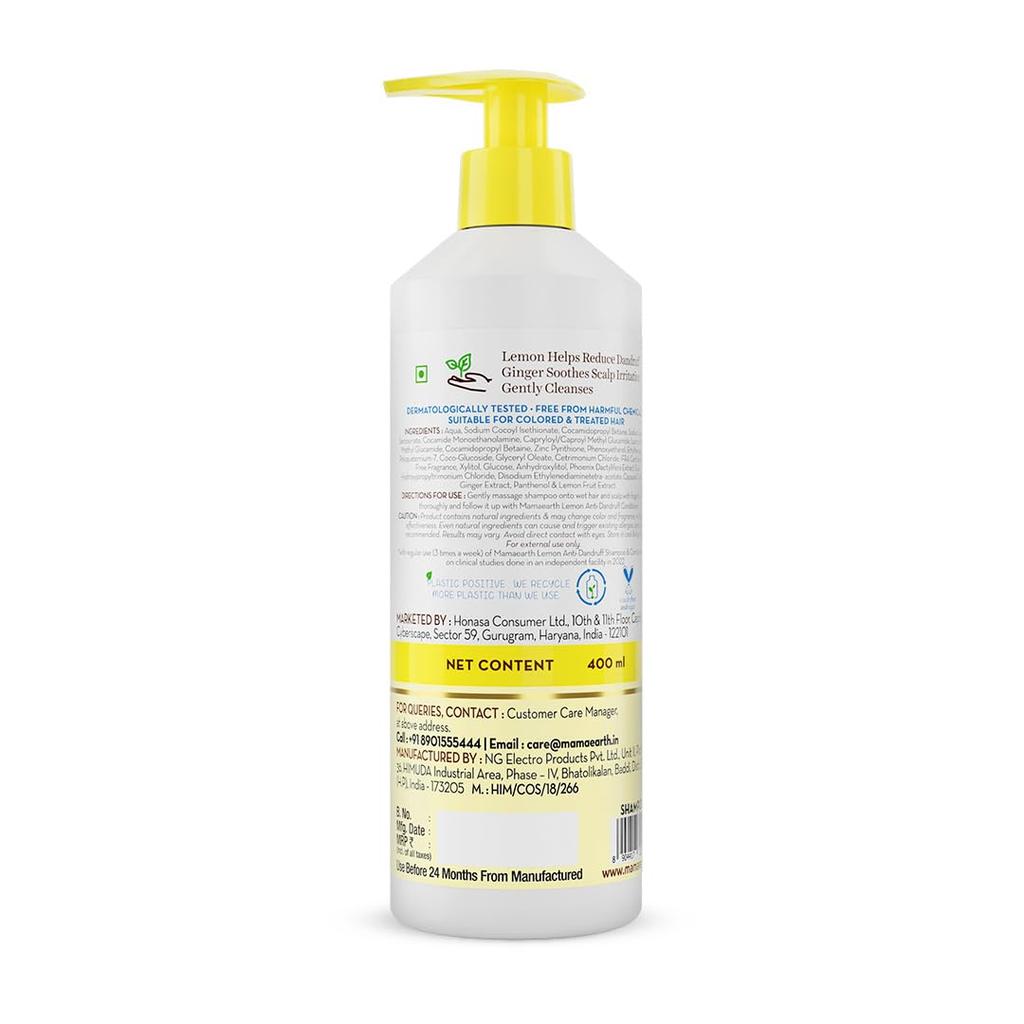 Mamaearth Lemon Ginger Anti Dandruff Shampoo For Itchy Scalp – Soothes Flakes & Irritation – Safe For Men & Women – 400ml