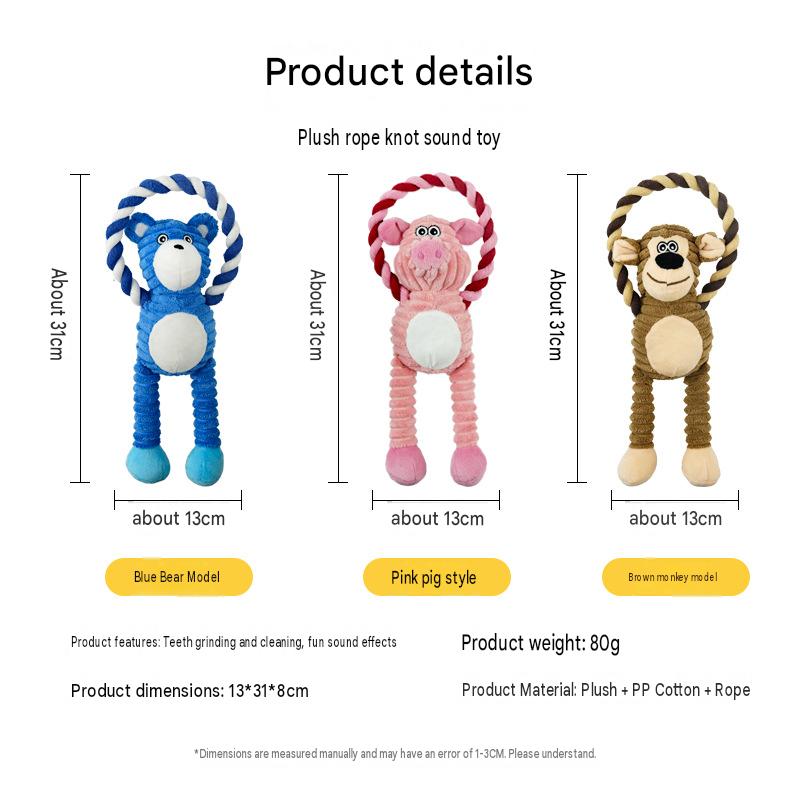 Blue Bear Monkey Pet Toy, Durable Chew Toy with Squeaker, Cotton Rope for Interactive Play, Tough Plush Dog Toy