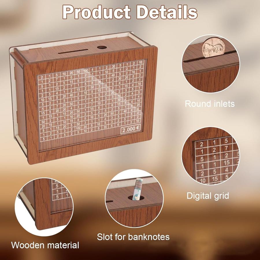 Creative Money Sacing Box Wooden Penny Bank with Marking Pen 1000-10000 Euros Christmas Gift for Kids Home Crafts Decoration