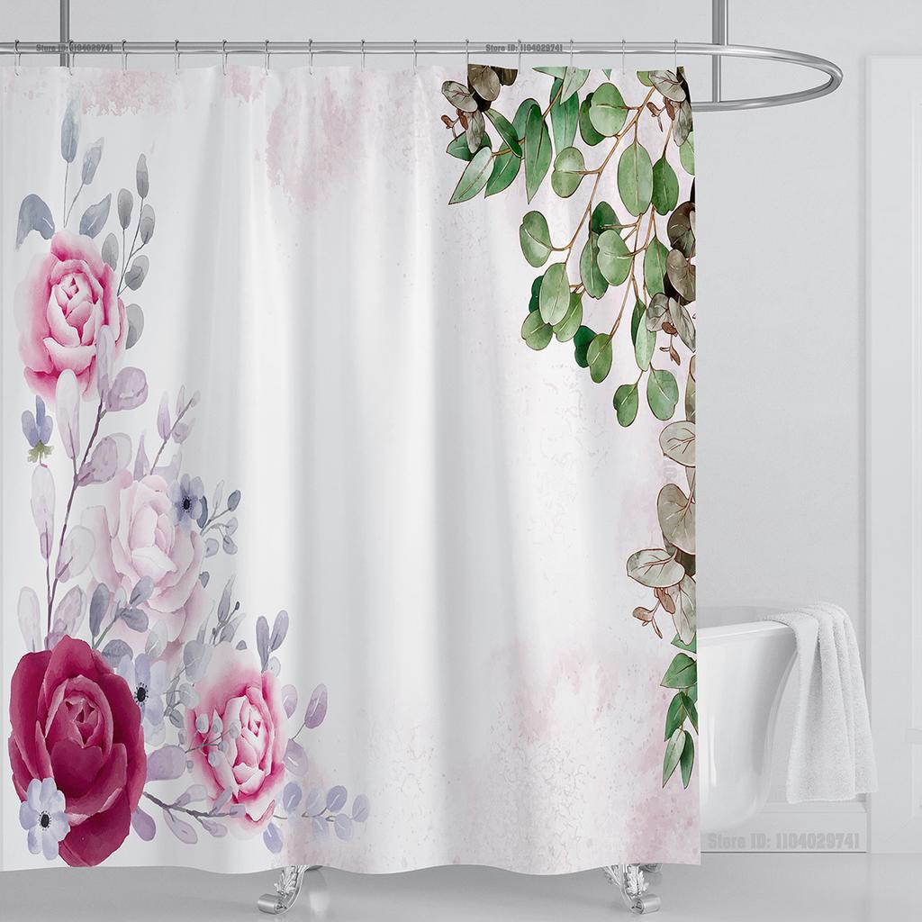 Watercolor Leaves on The Top Plant with Floral Bathroom Greenery Leaf Decoration Watercolor Botanical Shower Curtain with Hooks
