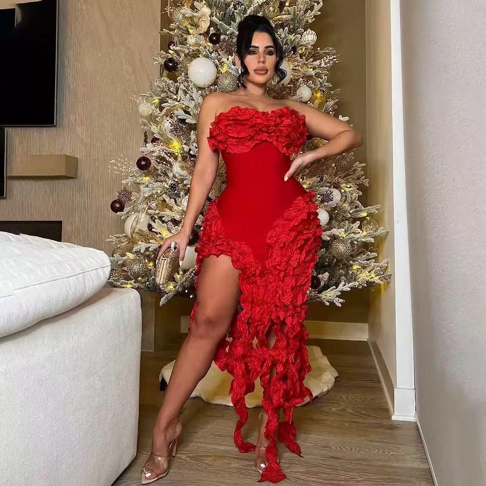 

Bandage Dress - Off-Shoulder Ruched Strapless Mini Dress Medium червоний